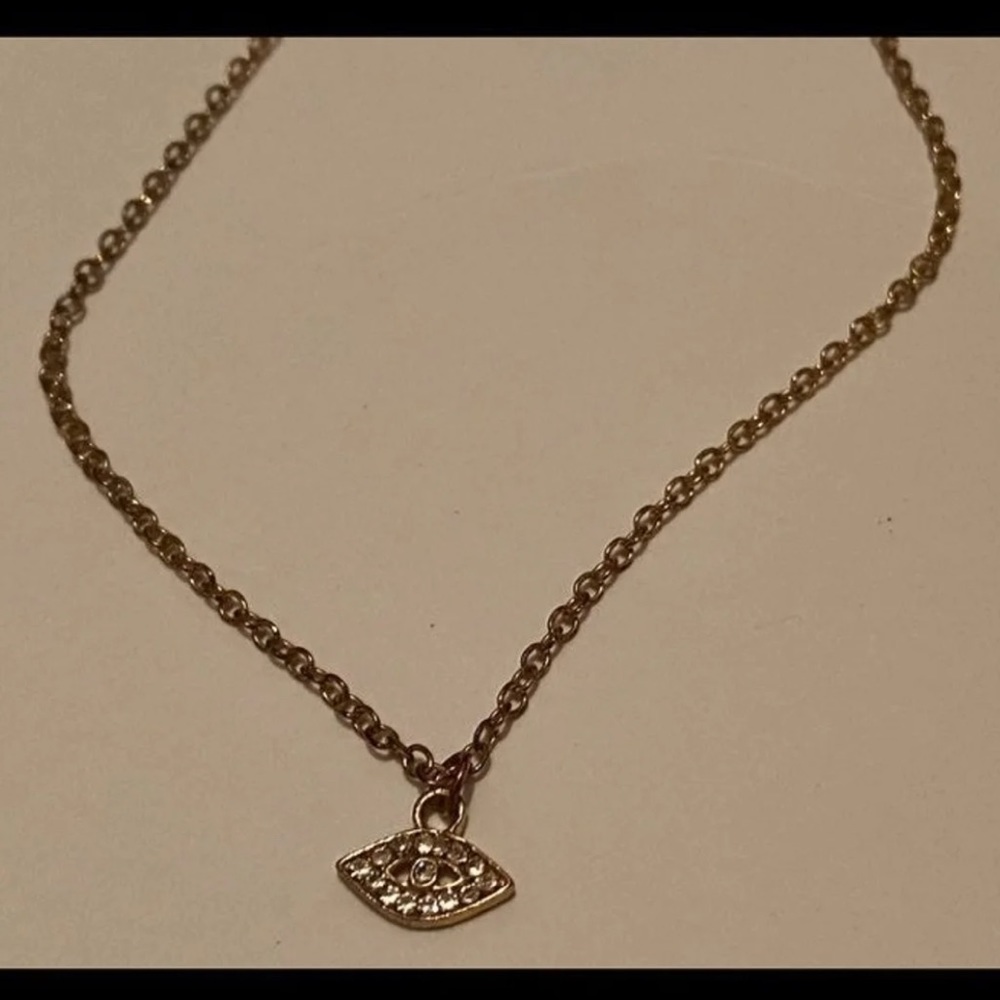 Gold Tone Dainty Evil Eye Rhinestone Necklace